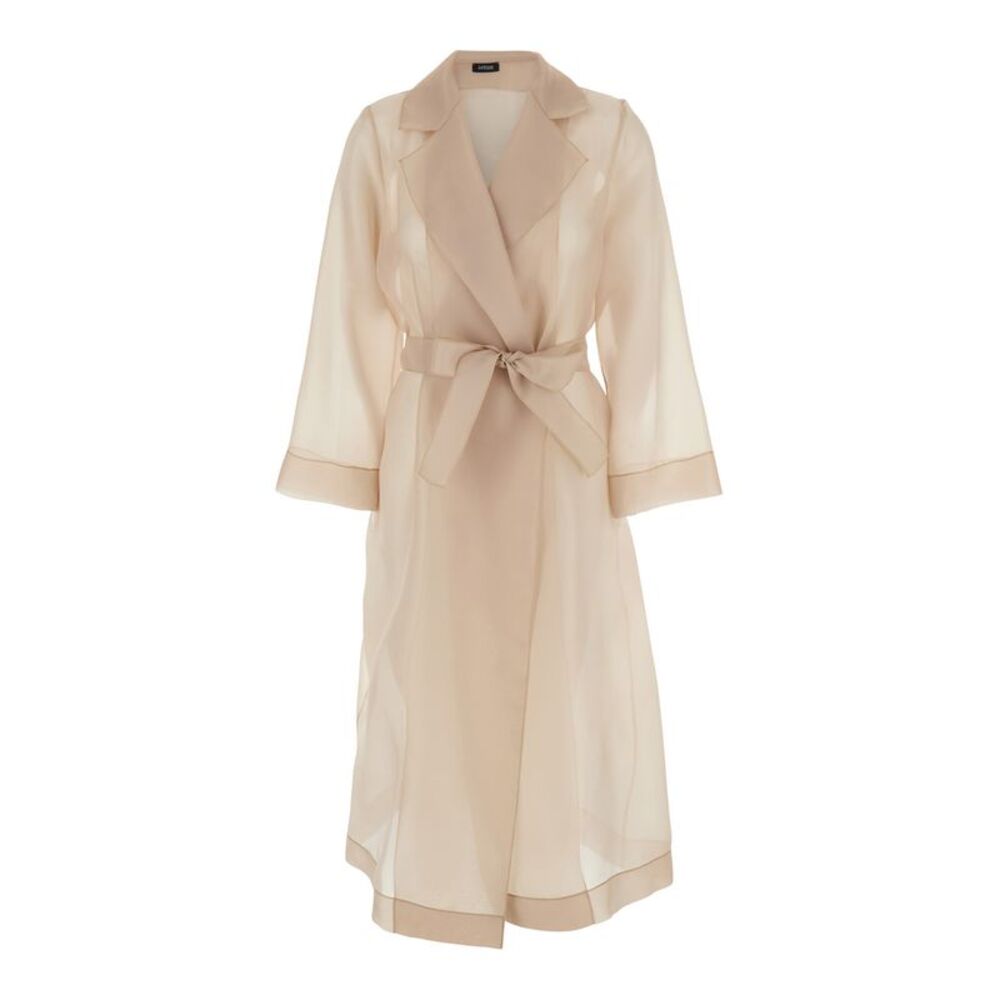 Plain Women Beige Trench With Notched Revers And Waist Tie
